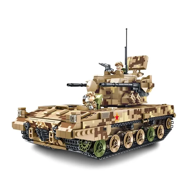A toy tank with a camouflage pattern has two figures inside.