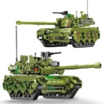 Two green toy tanks with camouflage patterns are displayed.