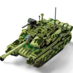A green and camouflage brick tank toy with a long barrel and various attachments.