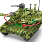 A green and black toy tank with a red star and a rotating turret is displayed.