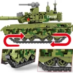 A green and black camouflage toy tank with a red star and rotating tracks.