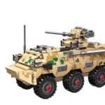 A toy military vehicle with a camouflage pattern, six wheels, and a mounted gun.