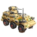 A toy military vehicle with a camouflage pattern, six wheels, and a turret.