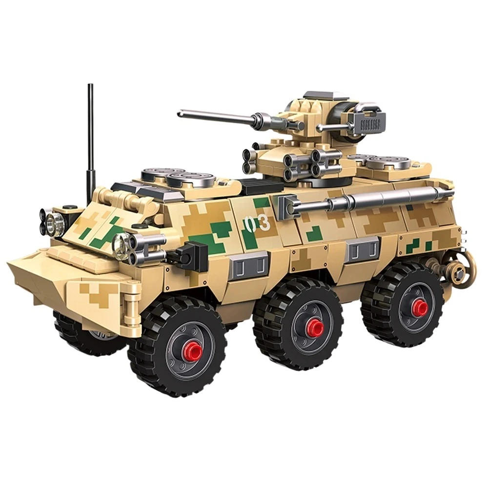 A tan and green camouflage toy military vehicle with six black wheels and a turret.
