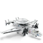 A toy airplane with four propellers and a circular radar dome is displayed.