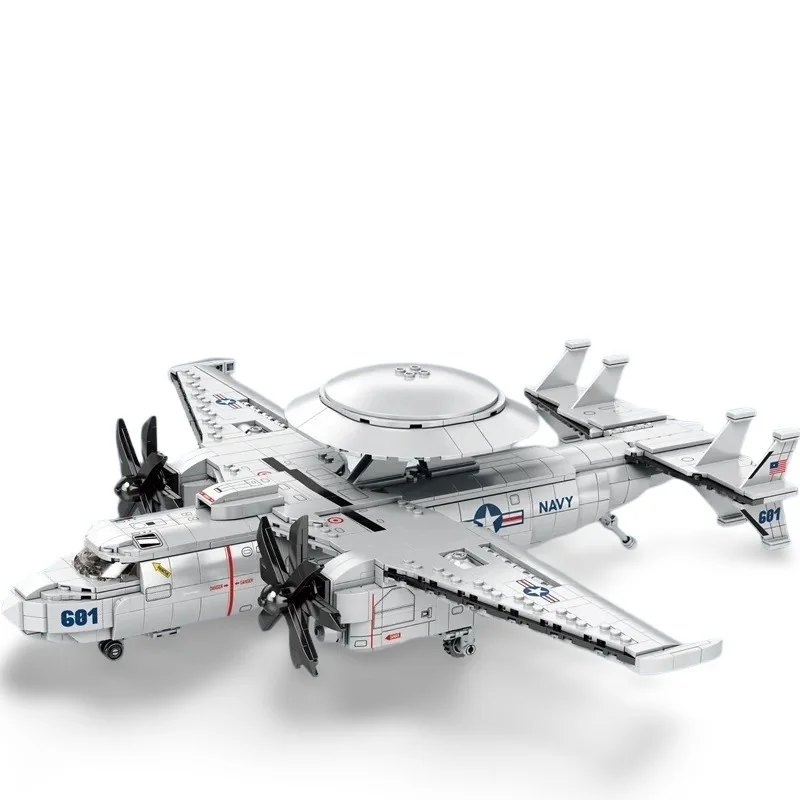 A gray toy airplane with a round radar dome and four propellers is shown.