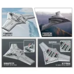A gray brick-built toy aircraft is displayed in four different views, showing its construction and features.