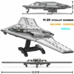 A gray toy stealth bomber is shown from three different angles, with dimensions indicated.