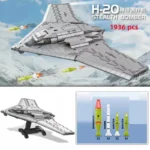 A gray toy stealth bomber with missiles is displayed, along with a diagram of the missile types.