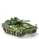 A toy tank with a green and brown camouflage pattern has a long gun barrel and multiple wheels.