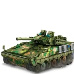 A toy tank with a camouflage pattern and a red star is displayed.