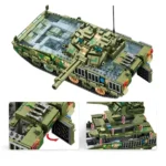 A green and tan toy tank with a long barrel and a red star is shown.