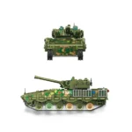 Two views of a green camouflage brick tank toy, one from the front and one from the side.