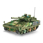A toy tank with a camouflage pattern and a rotating turret is displayed.