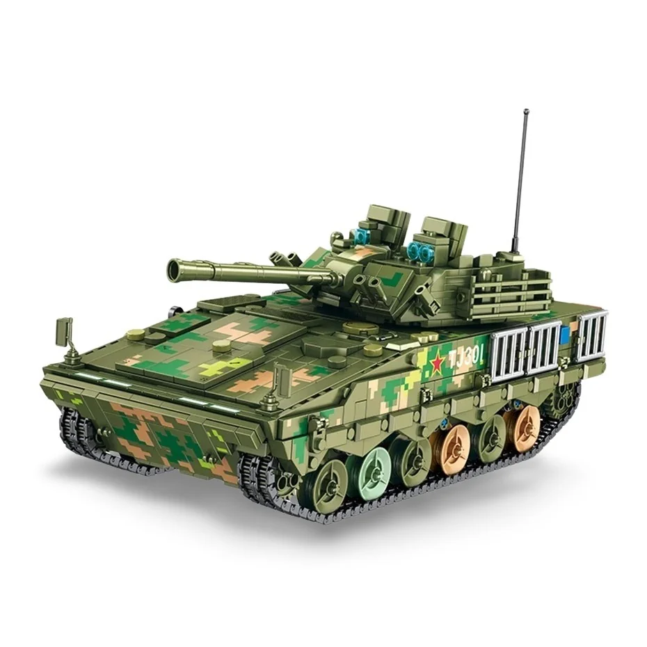 A toy tank with a camouflage pattern and a rotating turret is displayed.