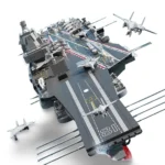 A gray toy aircraft carrier with several toy airplanes on the deck and two flying nearby.