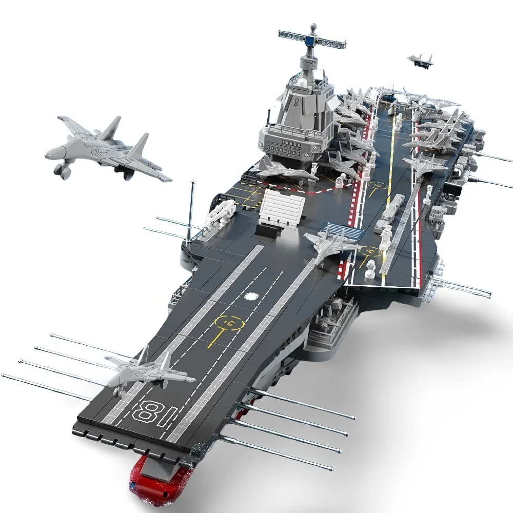 A toy aircraft carrier with multiple toy airplanes on its deck and in the air.