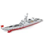 A gray and red toy warship with a Chinese flag is displayed.