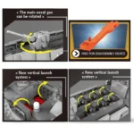 Four images show a gray toy with a rotating naval gun, a disassembly tool, and vertical launch systems with arrows indicating movement.