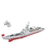 A gray and red toy ship with a small gray toy plane is displayed.
