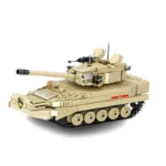 A tan toy tank with a long barrel, multiple wheels, and a red star emblem.