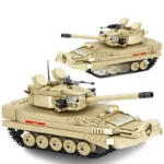 Two tan toy tanks with black treads and cannons are positioned one above the other.