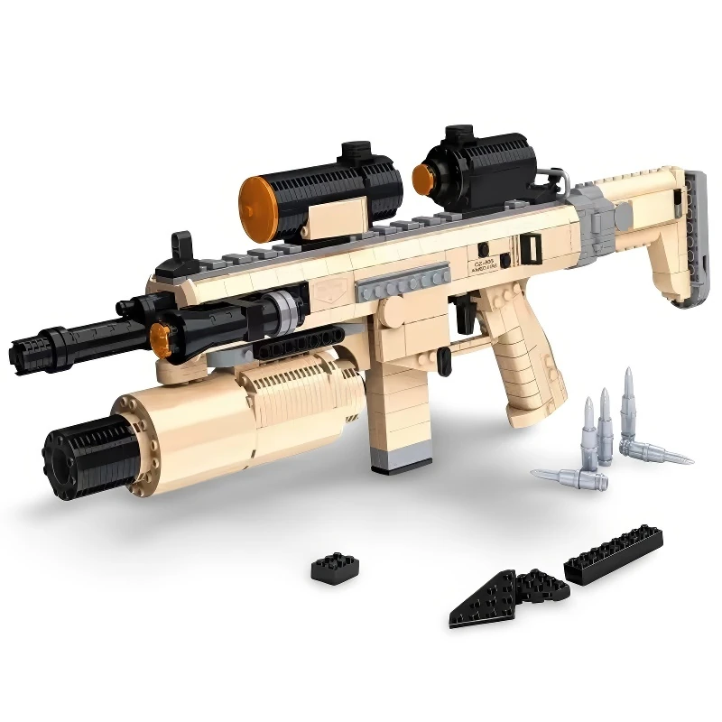 A tan and black toy rifle with attached scopes and several toy bullets.