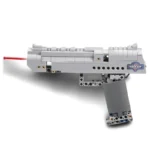 A gray toy gun with a red laser beam is displayed.