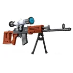 A toy sniper rifle with a scope and bipod is displayed.