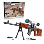 A toy sniper rifle with a scope and bipod is displayed with its packaging and some smaller pieces.