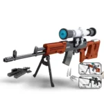 A toy brick sniper rifle with a scope, bipod, and additional brick pieces is displayed.