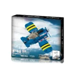 A blue toy airplane with yellow stripes on its wings is displayed on a box.