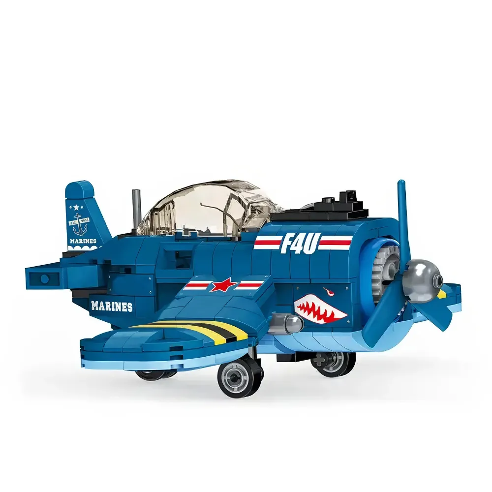 A blue toy airplane with a propeller, wheels, and a shark mouth graphic is displayed.