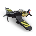 A black toy plane with yellow stripes and a pilot figure is visible.