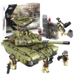 A toy tank and four toy soldiers with weapons are displayed with a brick wall and box.