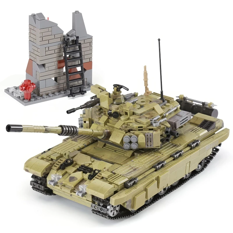 A toy tank and a brick wall with a ladder and a fire hydrant are visible.