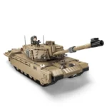 A tan toy tank with a figure in the turret is displayed.