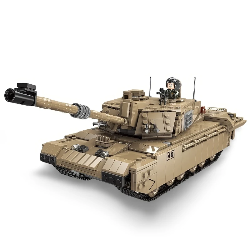 A tan toy tank with a long barrel and a small figure on top.
