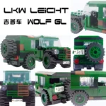 Green and brown toy truck with spare tire on the back, shown from multiple angles.