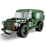 Green brick toy vehicle with black tires and a license plate.