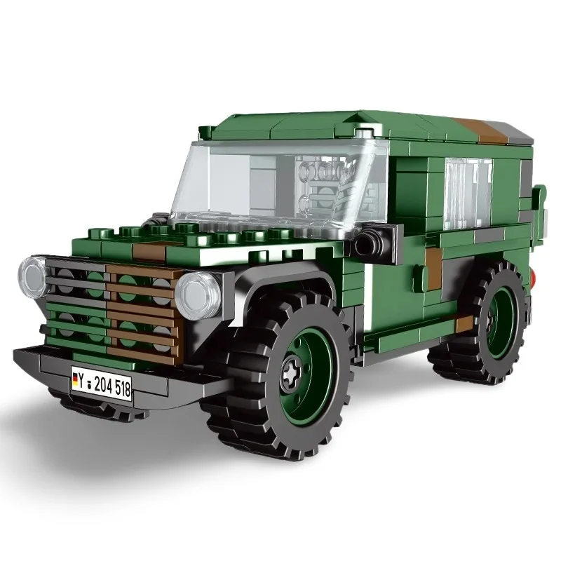 Green brick toy vehicle with black tires and a license plate.