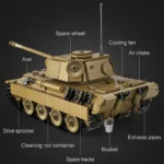 A tan toy tank with an axe, spare wheel, cooling fan, air intake, drive sprocket, cleaning rod container, exhaust pipes, bucket, and spare tracks.