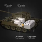 A toy tank with two motors for tracks, a motor for turret rotations, and a battery box.