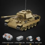 A tan brick toy tank with a long barrel and four additional components, including a remote control, battery box, and motors.