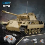 A tan toy tank is displayed with a remote control and other components.