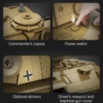 Four images show different parts of a toy tank, including the commander's cupola, power switch, optional stickers, and driver's viewport.