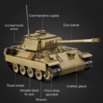 A tan toy tank with a long gun barrel, multiple wheels, and a small antenna.
