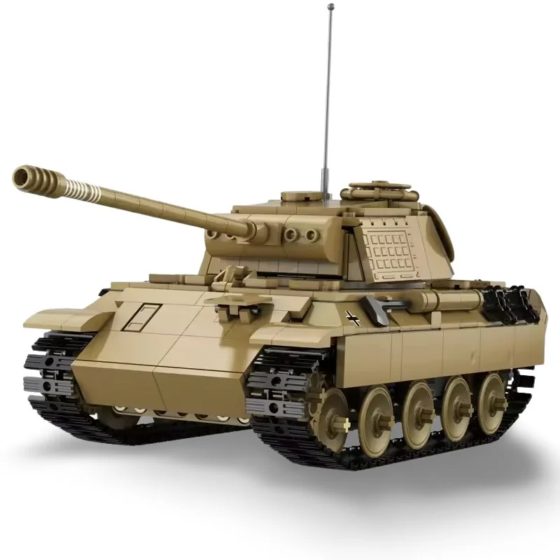 A tan toy tank with a long barrel and black treads is displayed.