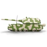 A toy tank with a green and white camouflage pattern and a long cannon is displayed.