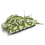 A toy tank with a green and white camouflage pattern and a long barrel.